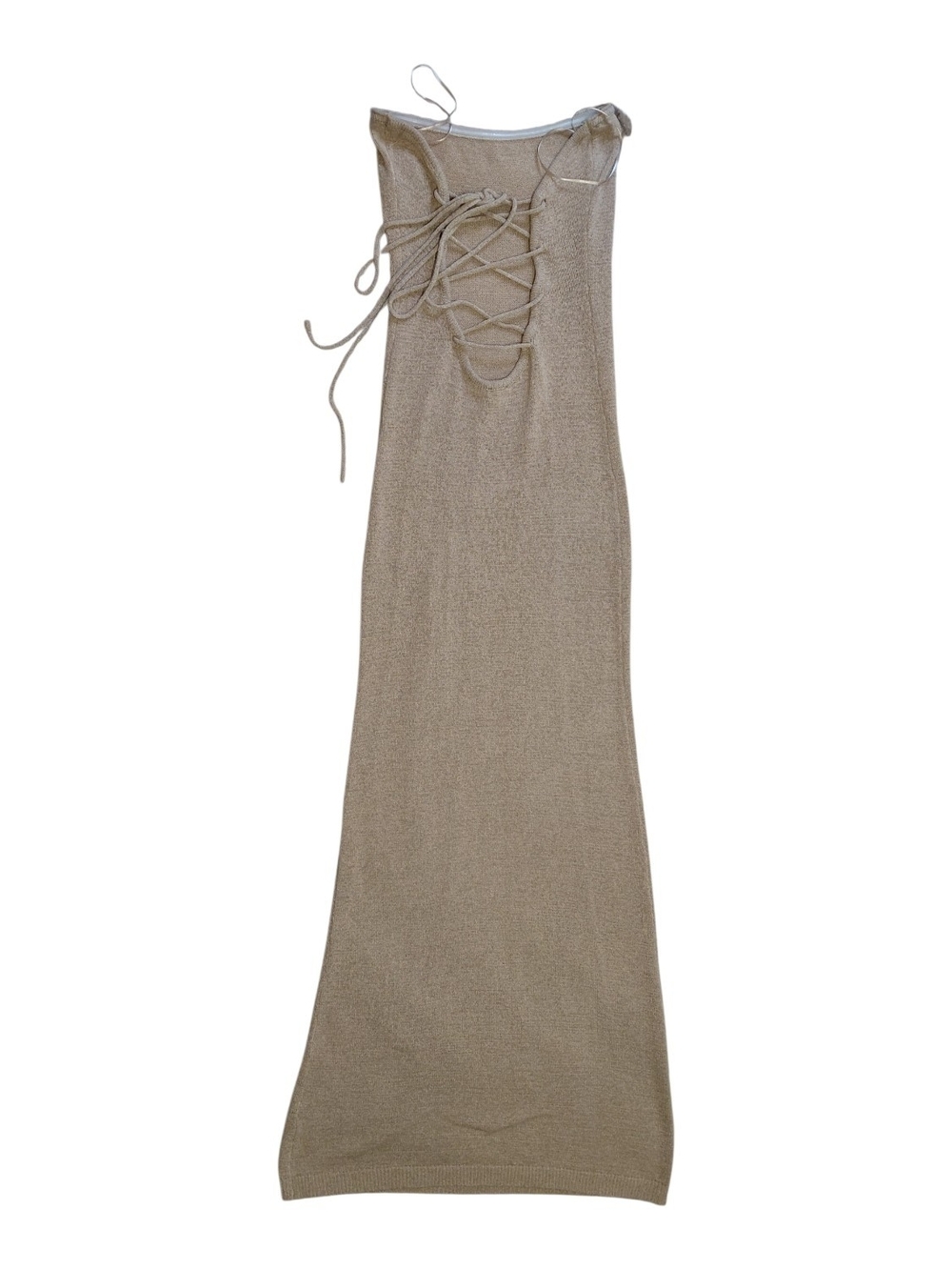 Honey Mango Taupe Knit Lace-Up Back Maxi Dress | Size S | Tall Girl Friendly
